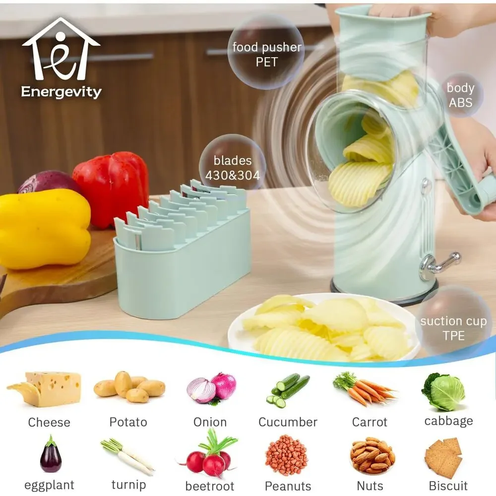 Manual Rotary Cheese Grater 5-in-1 with Suction Base Vegetable Slicer Green
